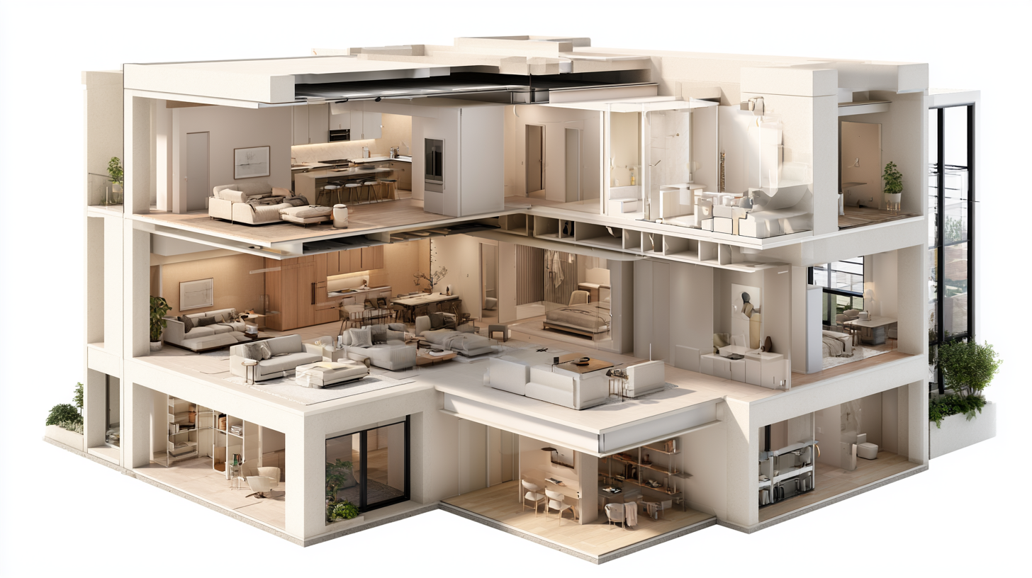 Cutaway view of two stacked condo units sharing a floor-ceiling structure